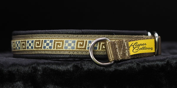 3/4 Inch Collar Teal and Tan Small quilt on Coyote Web with Black Leather and Chrome Hardware