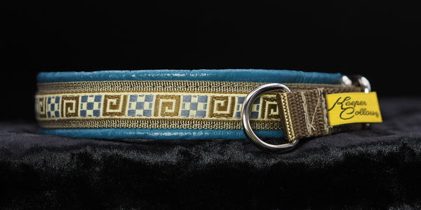 3/4 Inch Collar Teal and Tan Small quilt on Coyote Web with Dark Teal Leather and Chrome Hardware