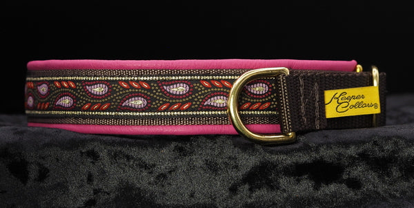 1 Inch Collar Gold and Pink Leaves on Brown Web with Dk. Pink Leather and Brass Hardware