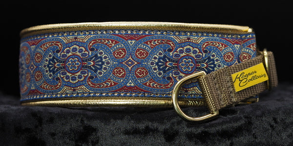 2 Inch Collar Dusty Blue and Red Konta on Coyote Web with Metallic Gold Leather and Brass Hardware