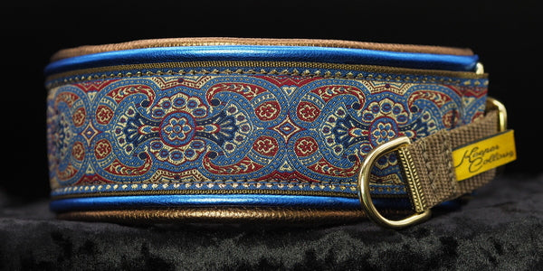 2 Inch Double Leather Dusty Blue and Red Konta on Coytoe Web with Metallic Blue and Matallic Copper Leather and  Brass Hardware