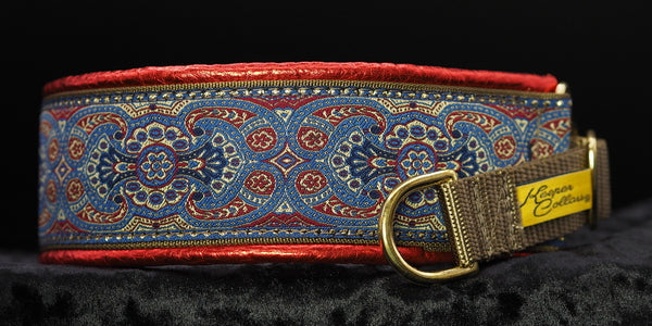 2 Inch Collar Dusty Blue and Red Konta on Coyote Web with Metallic Red Leather and Brass Hardware
