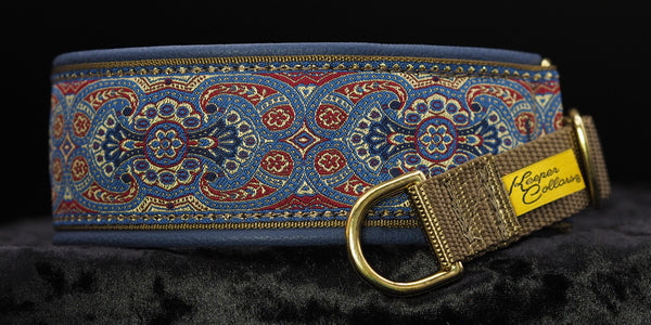 2 Inch Collar Dusty Blue and Red Konta on Coyote Web with Navy Leather and Brass Hardware