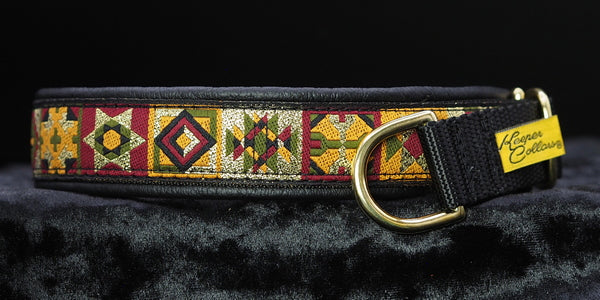 1 Inch Collar 1" Gold quilt Blocks on Black Web with Black Leather and Brass Hardware