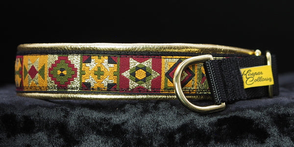 1 Inch Collar 1" Gold quilt Blocks on Black Web with Metallic Gold Leather and Brass Hardware