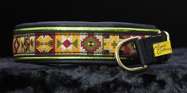 1 Inch Double Leather Collar 1" Gold and Olive Quilt Blocks on Black Web with Metallic Lime and Black Leather and Brass Hardware