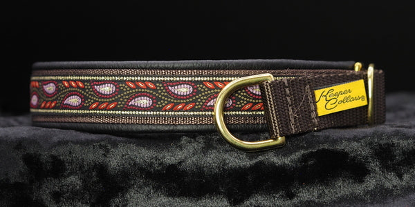 1 Inch Collar Gold and Pink Leaves on Brown Web with Black Leather and Brass Hardware