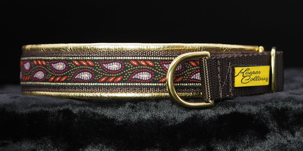 1 Inch Collar Gold and Pink Leaves on Brown Web with Metallic Gold Leather and Brass Hardware
