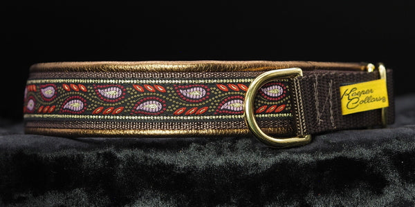 1 Inch Collar Gold and Pink Leaves on Brown Web with Metallic Copper Leather and Brass Hardware