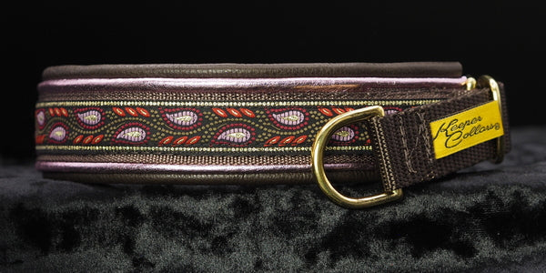1 Inch Double Leather Collar Gold and Pink Leaves on Brown Web with Metallic Light Pink and Brown Leather and Brass Hardware