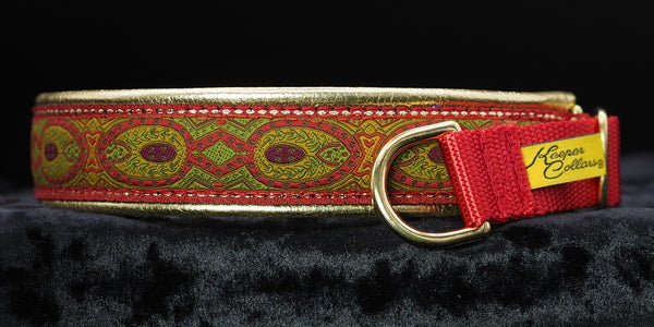 1 Inch Collar Red Konta on Red Web with Metallic Gold  Leather and Brass Hardware