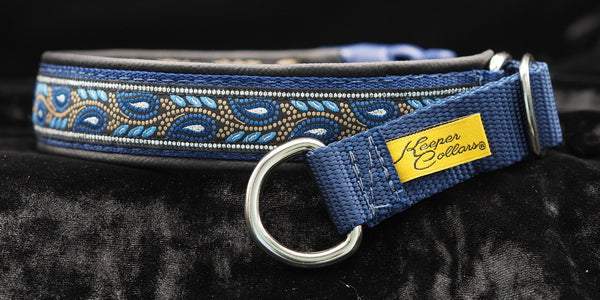1 Inch Collar Silver and Blue Leaves on Navy Web with Black Leather and Chrome Hardware