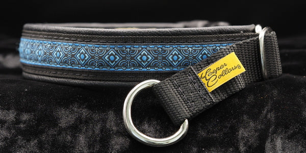 1 Inch Collar Blue Geo on Black Web with Black Leather and Chrome Hardware