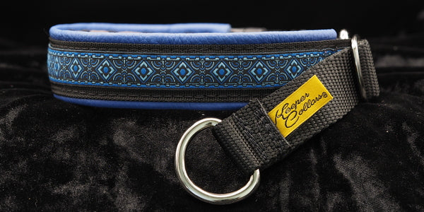 1 Inch Collar Blue Geo on Black Web with Royal Blue Leather and Chrome Hardware