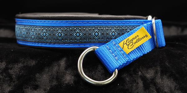 1 Inch Collar Blue Geo on Royal Blue Web with Black Leather and Chrome Hardware