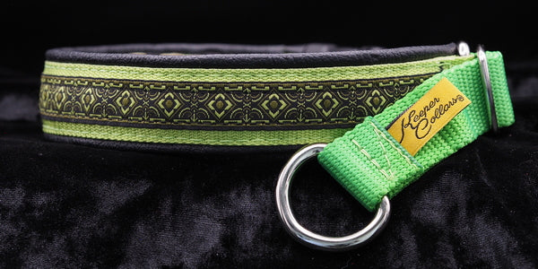 1 Inch Collar Green Geo with Green Apple Web and Lime tug with Black Leather and Chrome Hardware