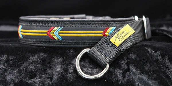 1 Inch Collar Red, Light Blue  and Yellow Arrows on Black Web with Black Leather and Chrome Hardware