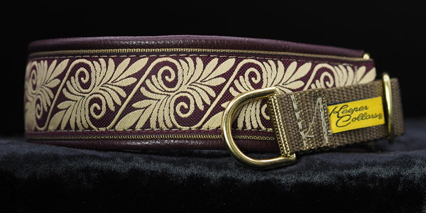 1 1/2 Inch Collar Burgundy and Tan Fern on Coyote Web with Burgundy Leather and Brass Hardware