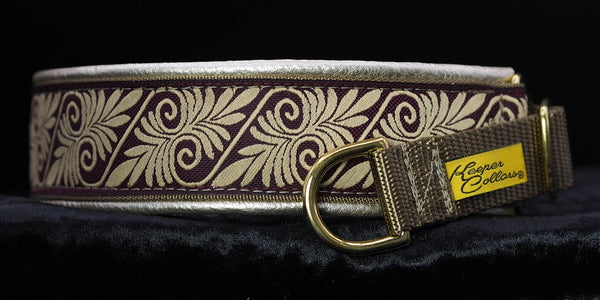 1 1/2 Inch Collar Burgundy and Tan Fern on Coyote Web with Champagne Leather and Brass Hardware