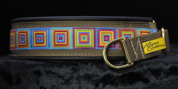 1 1/2 Inch Collar 1 inch Colored Squares on Coyote Web with Black Leather and Brass Hardware