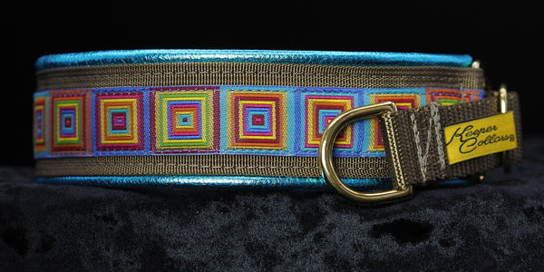 1 1/2 Inch Collar 1 inch Colored Squares on Coyote Web with Metallic Teal Leather and Brass Hardware
