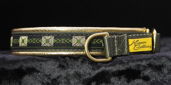 3/4 Inch Collar Gold and Green Blocks on Olive Web with Gold Leather and Brass Hardware