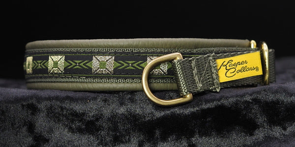 3/4 Inch Collar Gold and Green Blocks on Olive Web with Olive Leather and Brass Hardware