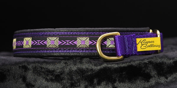 3/4 Inch Collar Gold and Purple Blocks on Purple Web with Black Leather and Brass Hardware