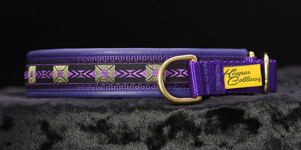 3/4 Inch Collar Gold and Purple Blocks on Purple Web with Purple Leather and Brass Hardware