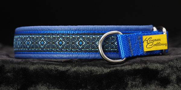 3/4 Inch Collar Blue Geo on Royal Blue Web with Blue Leather and Chrome Hardware
