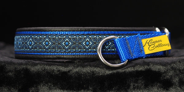 3/4 Inch Collar Blue Geo on Royal Blue Web with Black Leather and Chrome Hardware