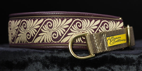 1 1/2 Inch Collar Burgundy and Tan Fern on Coyote Web with Burgundy Leather and Brass Hardware