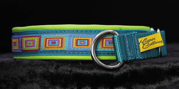 1 Inch Collar 3/4 inch Colored squares on Teal Web with Lime Leather and Chrome Hardware