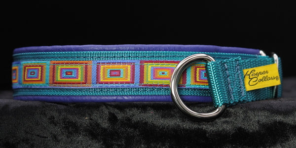 1 Inch Collar 3/4" Colored Squares on Teal Web with Purple Leather and Chrome Hardware