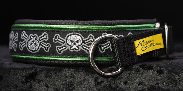 1 Inch Double Leather Collar Silver and Grey Skulls on Black Web with Metallic Kelly Green and Black Leather and Chrome Hardware