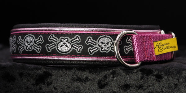 1 Inch Double Leather Collar Silver and Grey Skulls on Pink Web with Metallic Light Pink and Black Leather and Chrome Hardware