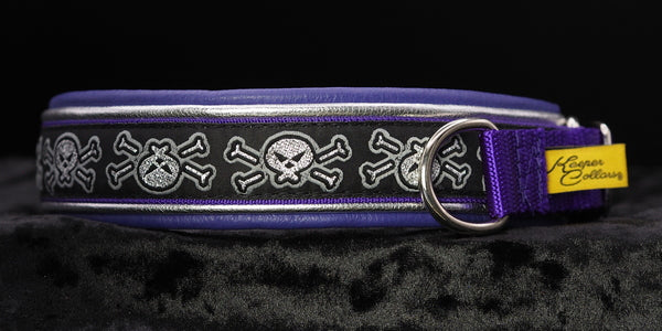 1 Inch Double Leather Collar Silver and Grey Skulls on Purple Web with Metallic Silver and Purple Leather and Chrome Hardware