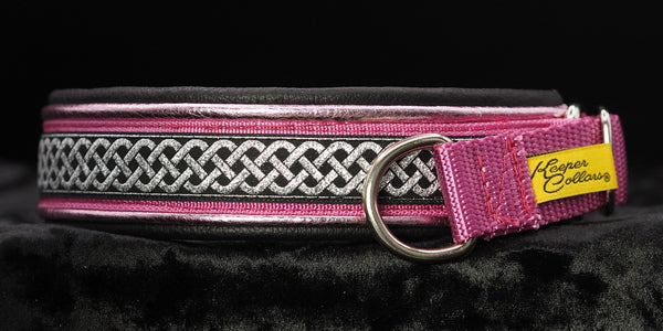 1 Inch Double Leather Collar Silver Celtic Knot on Pink Web with Metallic Light Pink and Black Leather and Chrome Hardware