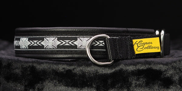 3/4 Inch Collar Silver Squares Black and Gray on Black Web with Black Leather and Chrome Hardware