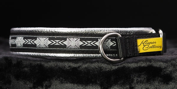3/4 Inch Collar Silver Squares Black and Gray on Black Web with Metallic Silver Leather and Chrome Hardware