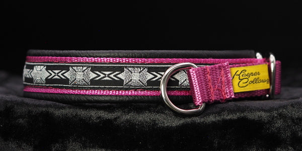 3/4 Inch Collar Silver Squares Black and Gray on Pink Web with Black Leather and Chrome Hardware