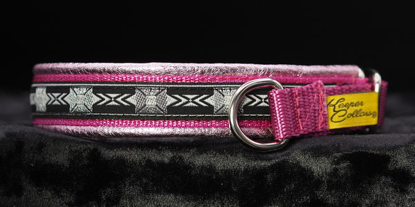 3/4 Inch Collar Silver Squares Black and Gray on Pink Web with Light Metallic Pink Leather and Chrome Hardware