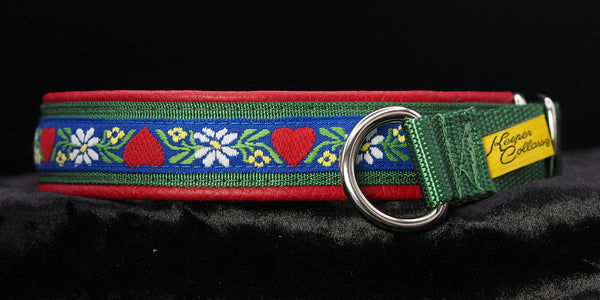 1 Inch Collar, Swiss Harts on Blue back with Kelly Green Web and Red Leather and Chrome Hardware