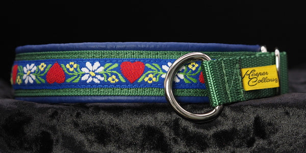 1 Inch Collar, Swiss Harts on Blue back with Kelly Green Web and Blue Leather and Chrome Hardware