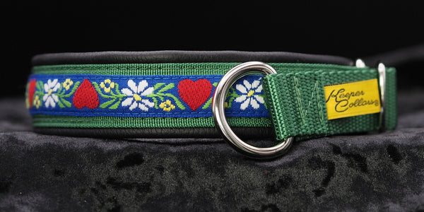 1 Inch Collar, Swiss Harts on Blue back with Kelly Green Web and Black Leather and Chrome Hardware