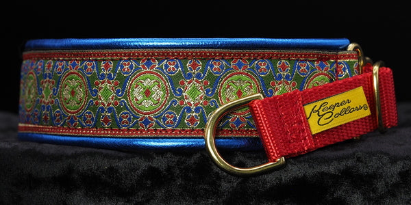 1 1/2 Inch Collar Gold, Blue, and Green China Infusion with Metallic Blue Leather and a Red Tug and Brass Hardware