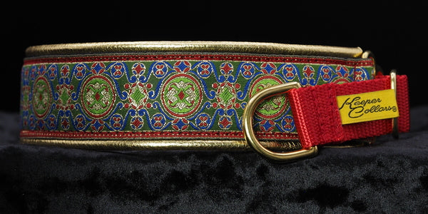 1 1/2 Inch Collar Gold, Blue, and Green China Infusion with Metallic Glod Leather and a Red Tug and Brass Hardware