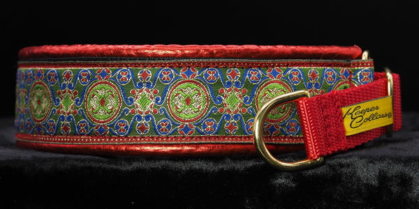 1 1/2 Inch Collar Gold, Blue, and Green China Infusion with Metallic Red Leather and a Red Tug and Brass Hardware