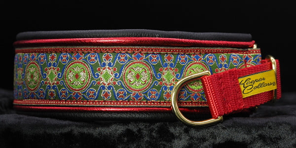 1 1/2 Inch Double Leather Collar Gold, Blue, and Green China Infusion  with Metallic Red and Black Leather and a Red Tug and Brass Hardware