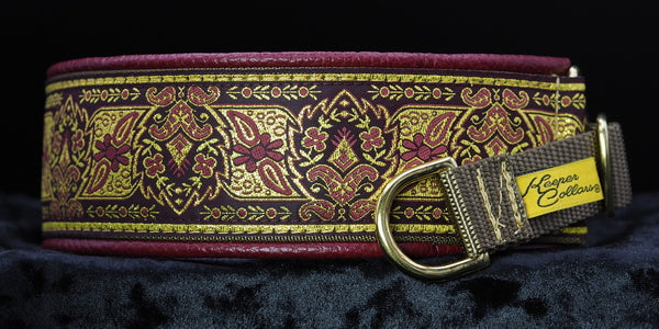 2 Inch Collar Gold and Burgundy Crest on Coyote Web with Burgundy Leather and Brass Hardware